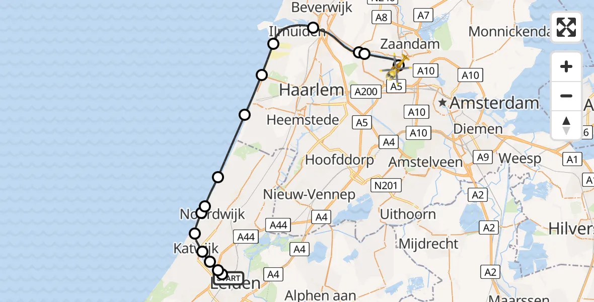 Vluchtroute Traumahelikopter Leiden University Medical Center Heliport - Amsterdam Heliport, 28 juli 2026, 12:12