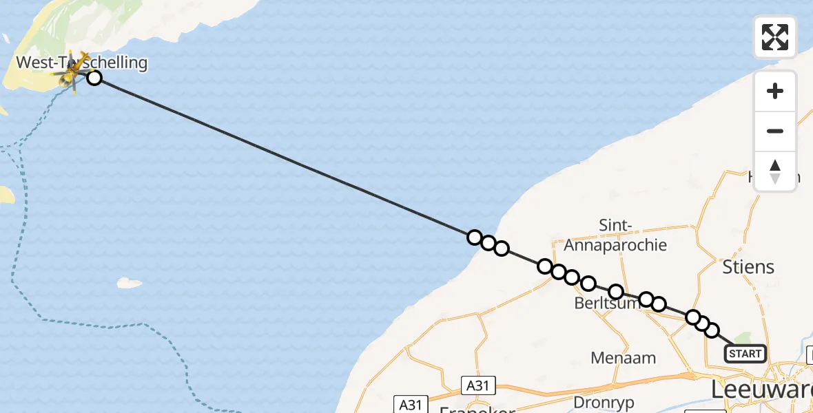 Vluchtroute Ambulancehelikopter Vliegbasis Leeuwarden - West-Terschelling, 28 juli 2026, 13:06