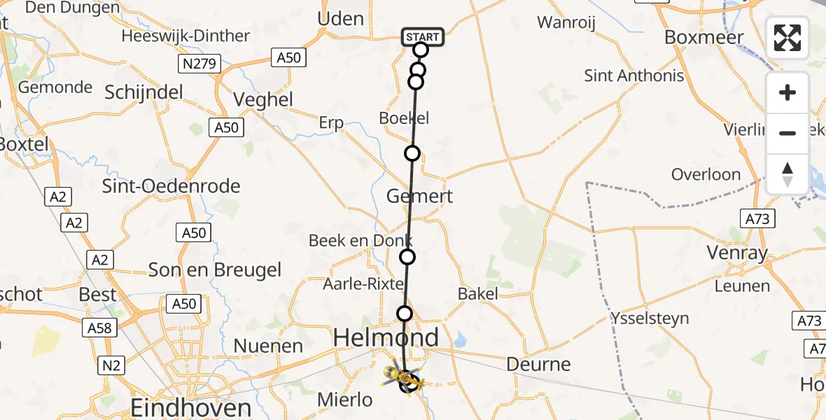Vluchtroute Traumahelikopter Vliegbasis Volkel - Lierop, 28 juli 2026, 14:20