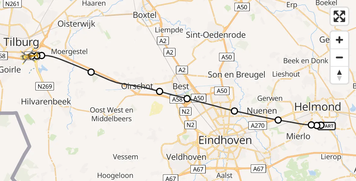 Vluchtroute Traumahelikopter Lierop - St. Elisabeth Hospital Heliport, 28 juli 2026, 15:13