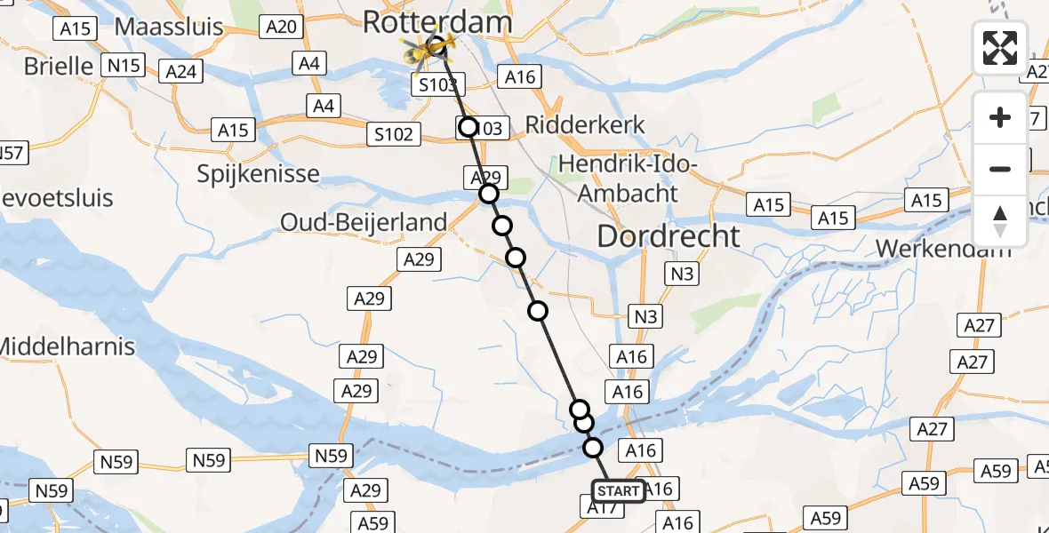Vluchtroute Traumahelikopter Moerdijk - Erasmus Medisch Centrum Heliport, 28 juli 2026, 15:31