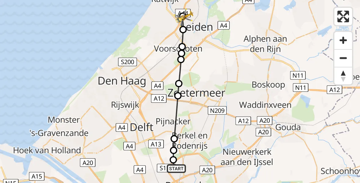 Vluchtroute Traumahelikopter Rotterdam The Hague Airport - Oegstgeest, 28 juli 2026, 16:06