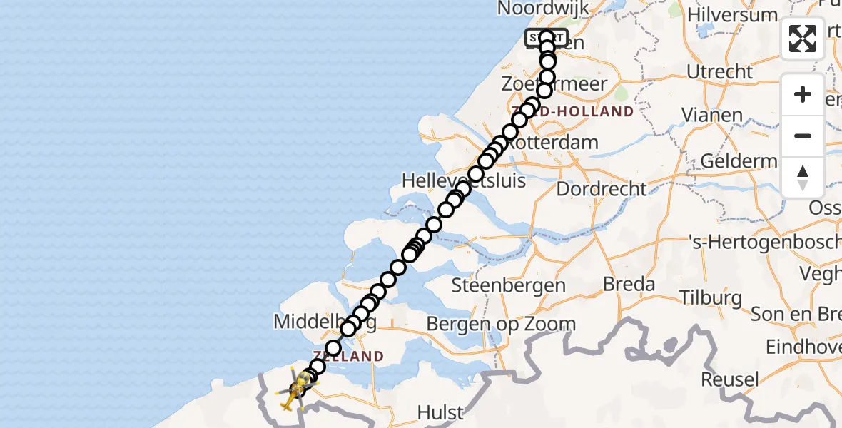 Vluchtroute Traumahelikopter Oegstgeest - Oostburg, 28 juli 2026, 16:33