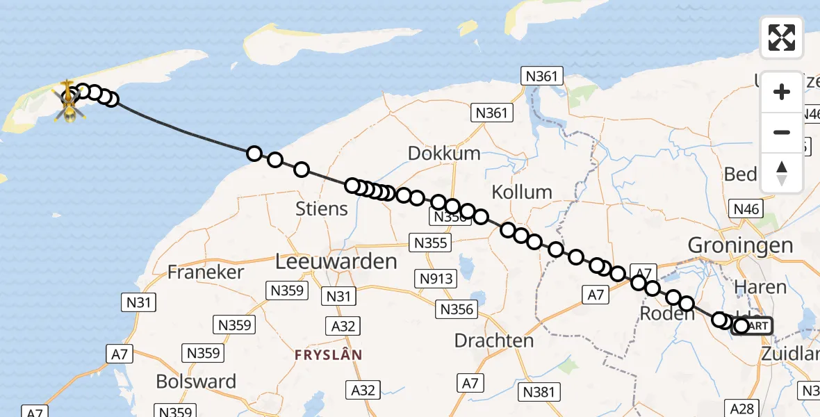 Vluchtroute Traumahelikopter Groningen Airport Eelde - Terschelling Heliport, 28 juli 2026, 17:09