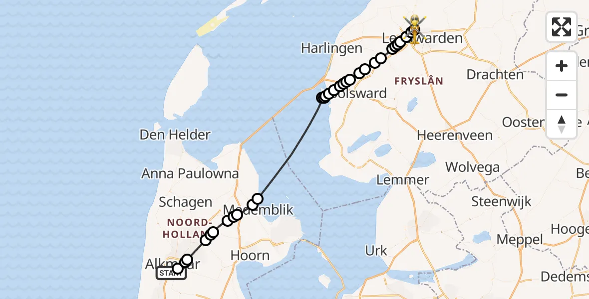 Vluchtroute Ambulancehelikopter Alkmaar - Vliegbasis Leeuwarden, 28 juli 2026, 17:22