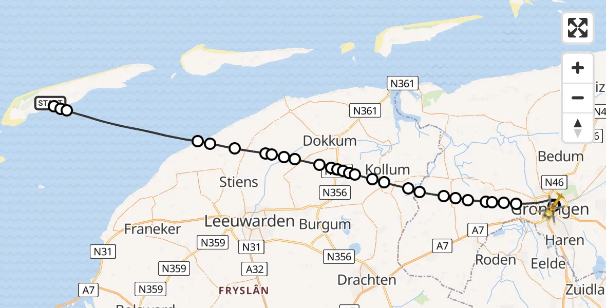 Vluchtroute Traumahelikopter Terschelling Heliport - Universitair Medisch Centrum Groningen, 28 juli 2026, 17:53