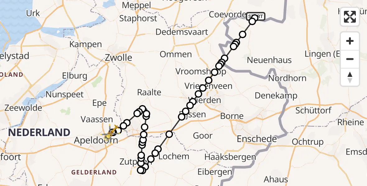 Vluchtroute Traumahelikopter Schoonebeek - Vliegveld Teuge, 28 juli 2026, 18:25