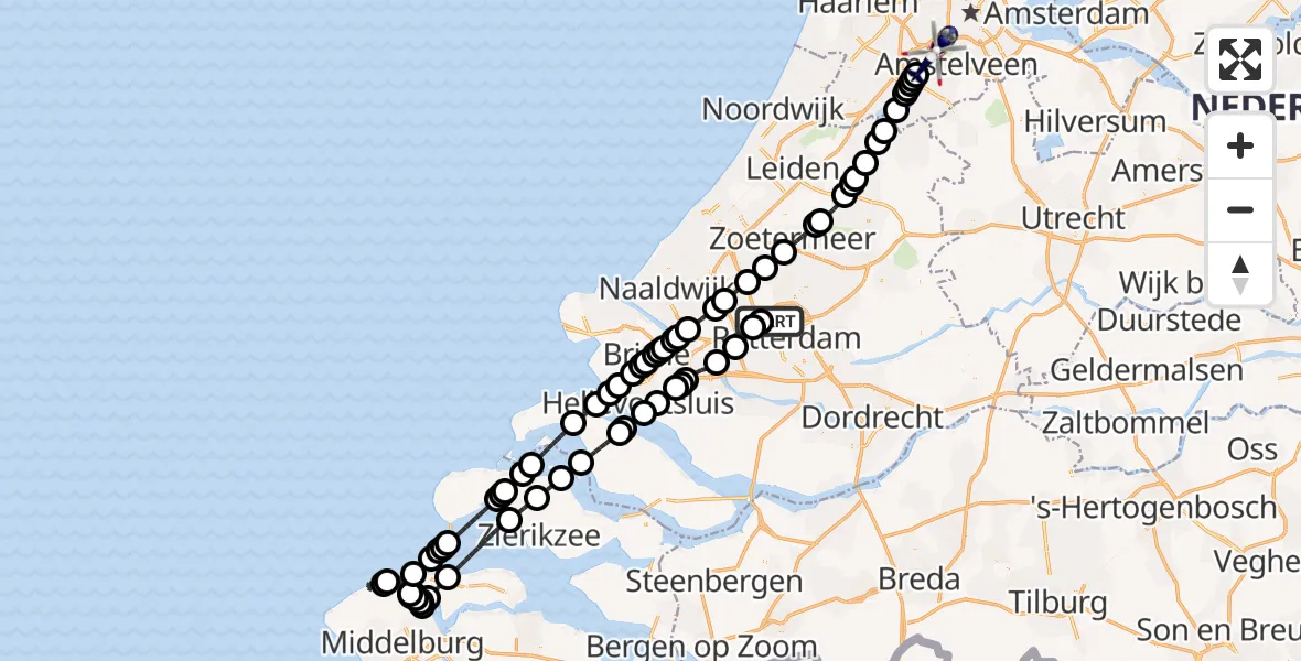 Vluchtroute Politiehelikopter Rotterdam The Hague Airport - Amsterdam Vliegveld Schiphol, 28 juli 2026, 19:35