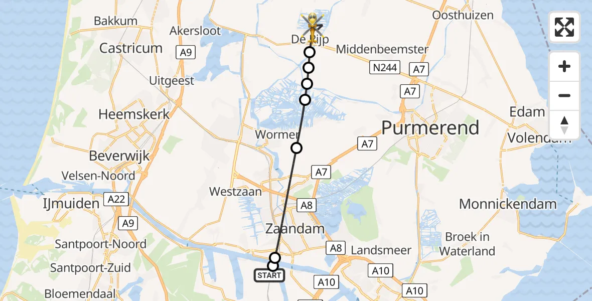 Vluchtroute Traumahelikopter Amsterdam Heliport - De Rijp, 28 juli 2026, 21:04