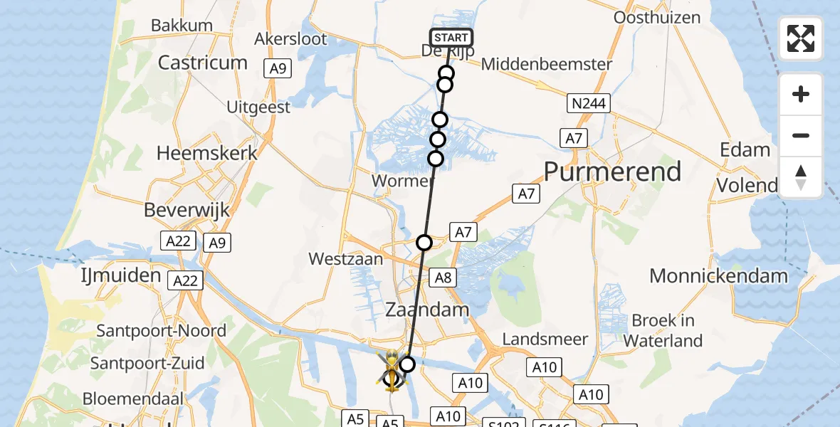 Vluchtroute Traumahelikopter De Rijp - Amsterdam Heliport, 28 juli 2026, 21:24