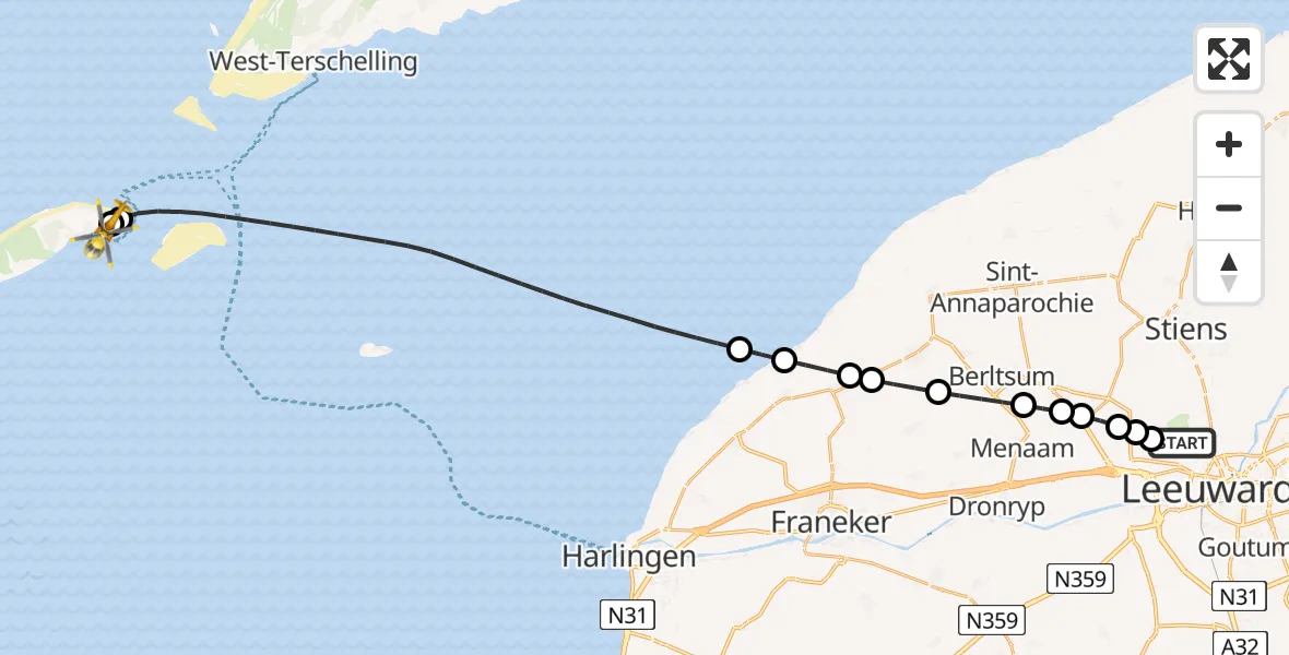 Vluchtroute Ambulancehelikopter Vliegbasis Leeuwarden - Vlieland Heliport, 29 juli 2026, 08:08