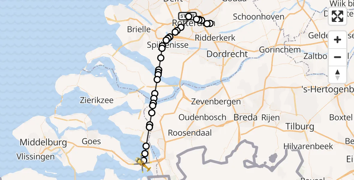 Vluchtroute Traumahelikopter Rotterdam The Hague Airport - Rilland, 29 juli 2026, 08:22
