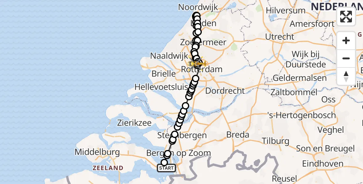 Vluchtroute Traumahelikopter Rilland - Rotterdam The Hague Airport, 29 juli 2026, 08:58