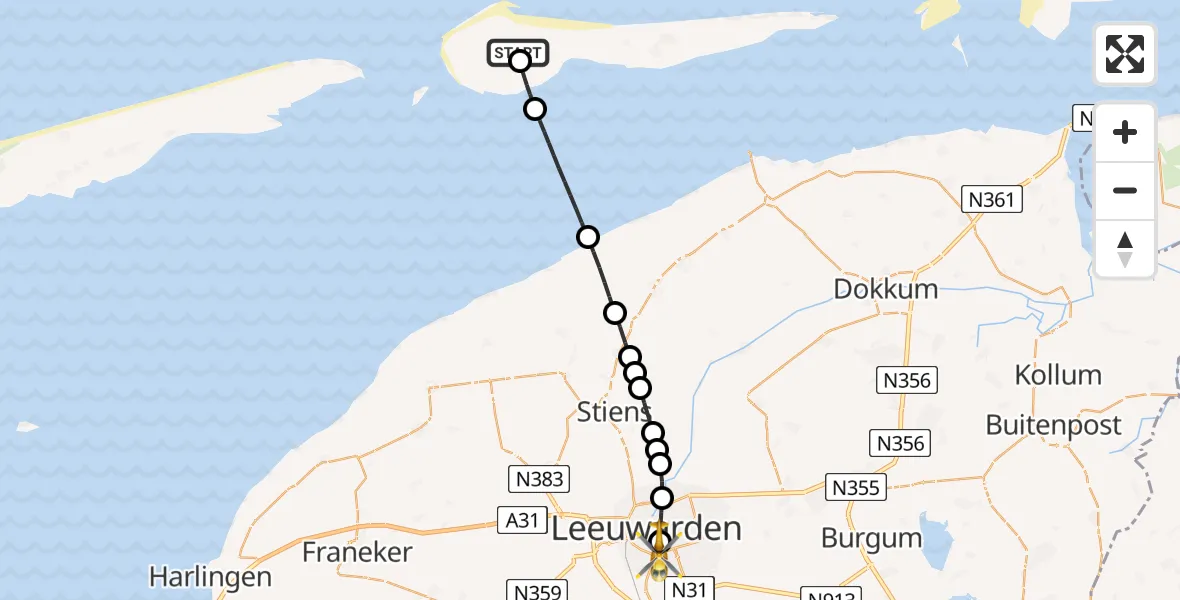 Vluchtroute Ambulancehelikopter Ameland Vliegveld Ballum - Leeuwarden Medical Center Heliport, 29 juli 2026, 09:52