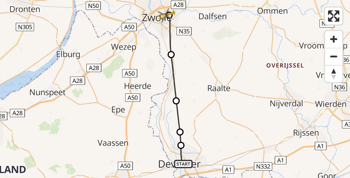 Vluchtroute Traumahelikopter Deventer - Isala Hospital Zwolle Heliport, 29 juli 2026, 10:58