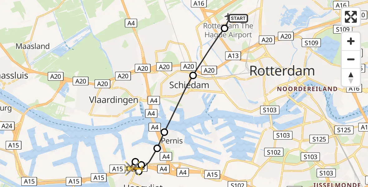 Vluchtroute Traumahelikopter Rotterdam The Hague Airport - Hoogvliet Rotterdam, 29 juli 2026, 11:18
