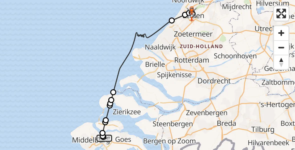 Vluchtroute Kustwachthelikopter Vliegveld Midden-Zeeland - Leiden University Medical Center Heliport, 29 juli 2026, 12:20