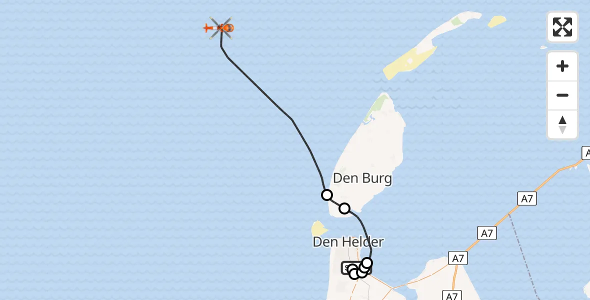 Vluchtroute Kustwachthelikopter Militair vliegveld De Kooy / Den Helder Airport - Noordzee, 29 juli 2026, 12:49