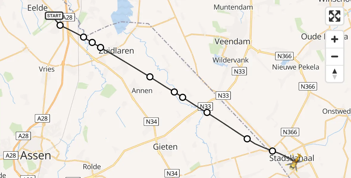 Vluchtroute Traumahelikopter Groningen Airport Eelde - Stadskanaal, 29 juli 2026, 13:14