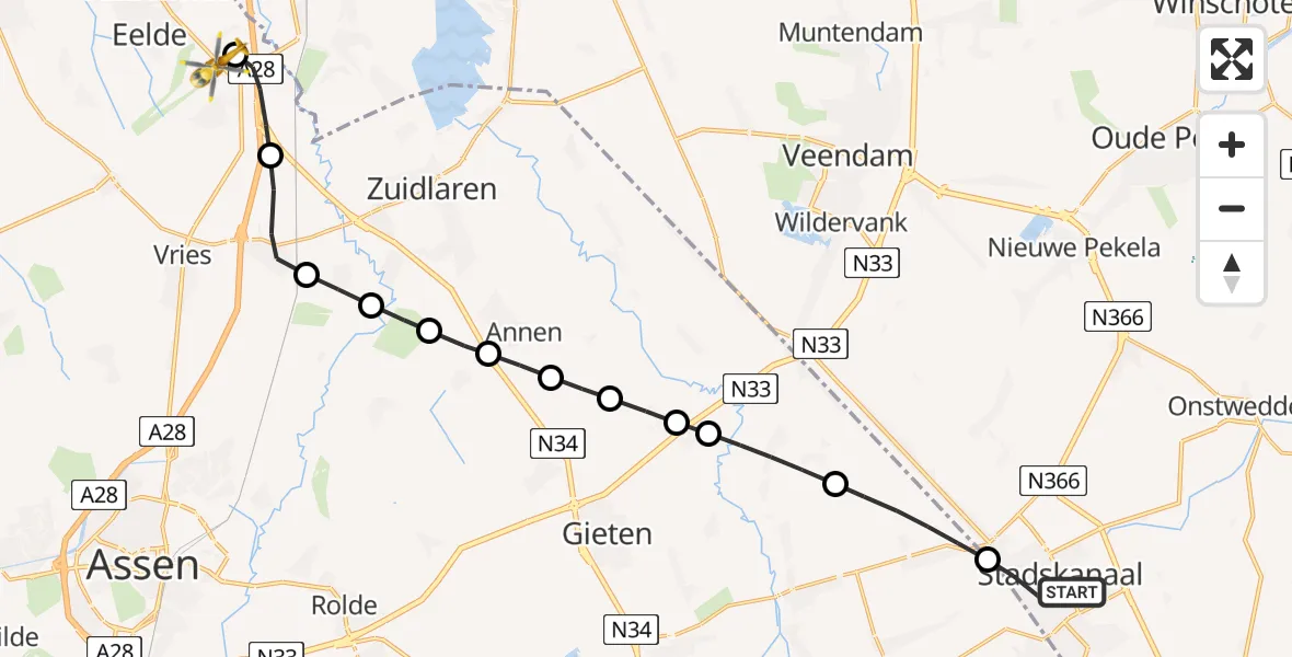 Vluchtroute Traumahelikopter Stadskanaal - Eelde, 29 juli 2026, 14:02