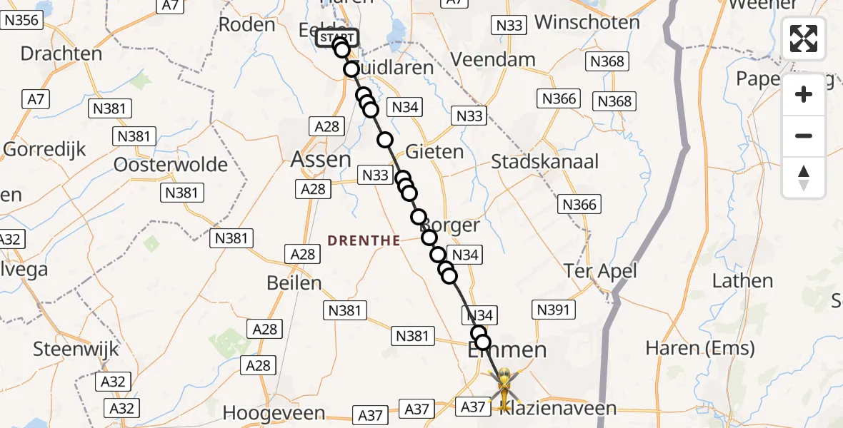 Vluchtroute Traumahelikopter Groningen Airport Eelde - Emmen, 29 juli 2026, 15:02
