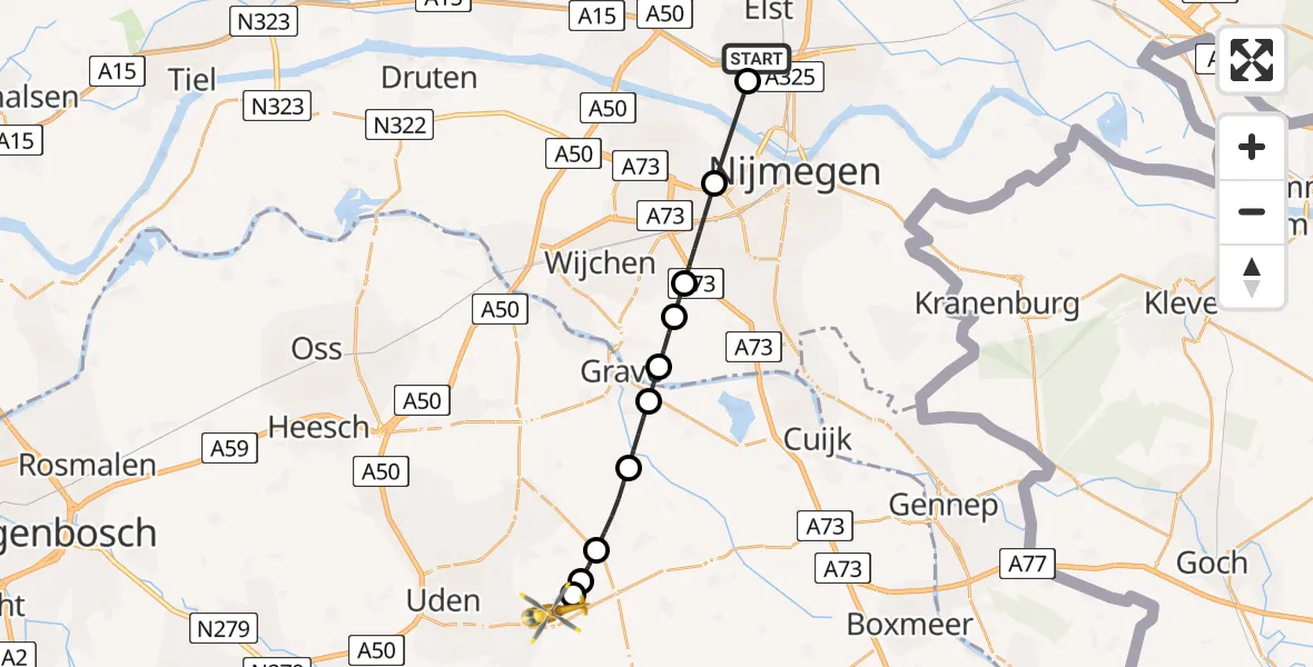Vluchtroute Traumahelikopter Elst - Vliegbasis Volkel, 29 juli 2026, 15:27
