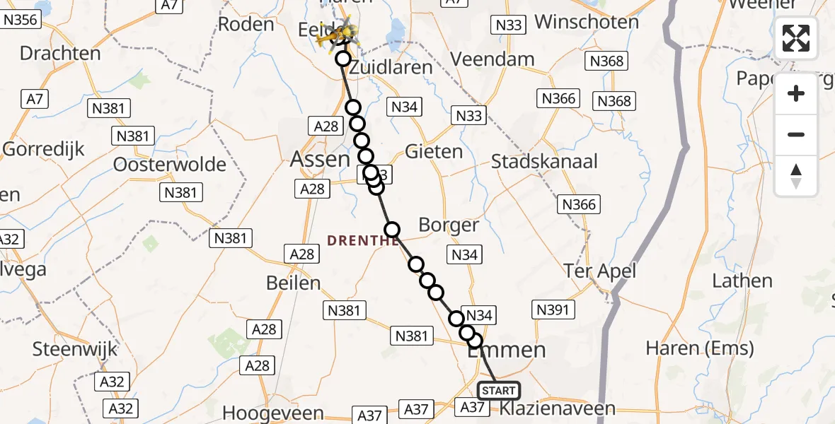 Vluchtroute Traumahelikopter Emmen - Groningen Airport Eelde, 29 juli 2026, 16:05