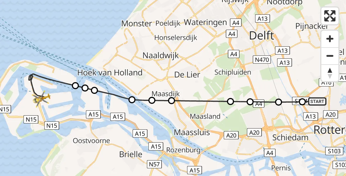 Vluchtroute Traumahelikopter Rotterdam The Hague Airport - Maasvlakte Rotterdam, 29 juli 2026, 16:09