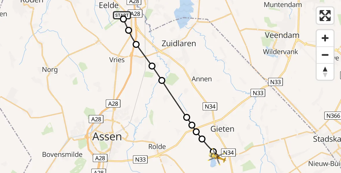 Vluchtroute Traumahelikopter Groningen Airport Eelde - Gasselte, 29 juli 2026, 16:29