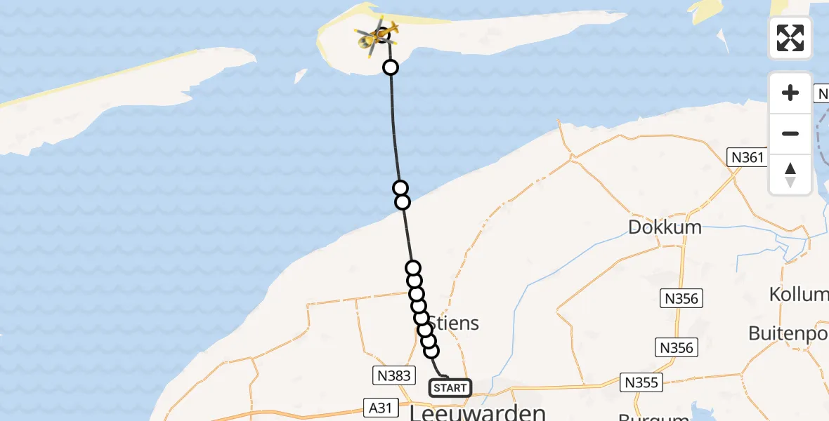Vluchtroute Ambulancehelikopter Vliegbasis Leeuwarden - Ameland Vliegveld Ballum, 29 juli 2026, 17:06