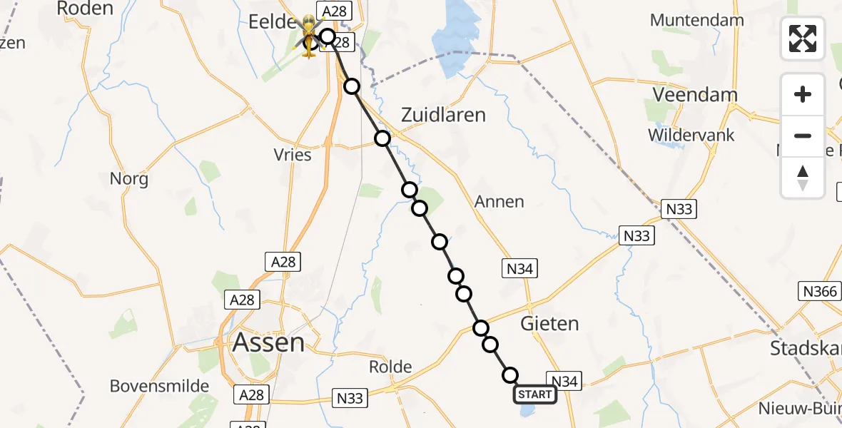 Vluchtroute Traumahelikopter Gasselte - Groningen Airport Eelde, 29 juli 2026, 17:11