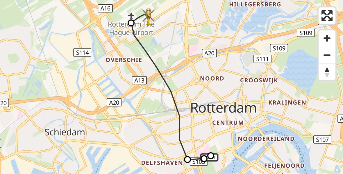 Vluchtroute Traumahelikopter Leids Universitair Medisch Centrum (LUMC) - Rotterdam The Hague Airport, 29 juli 2026, 17:40