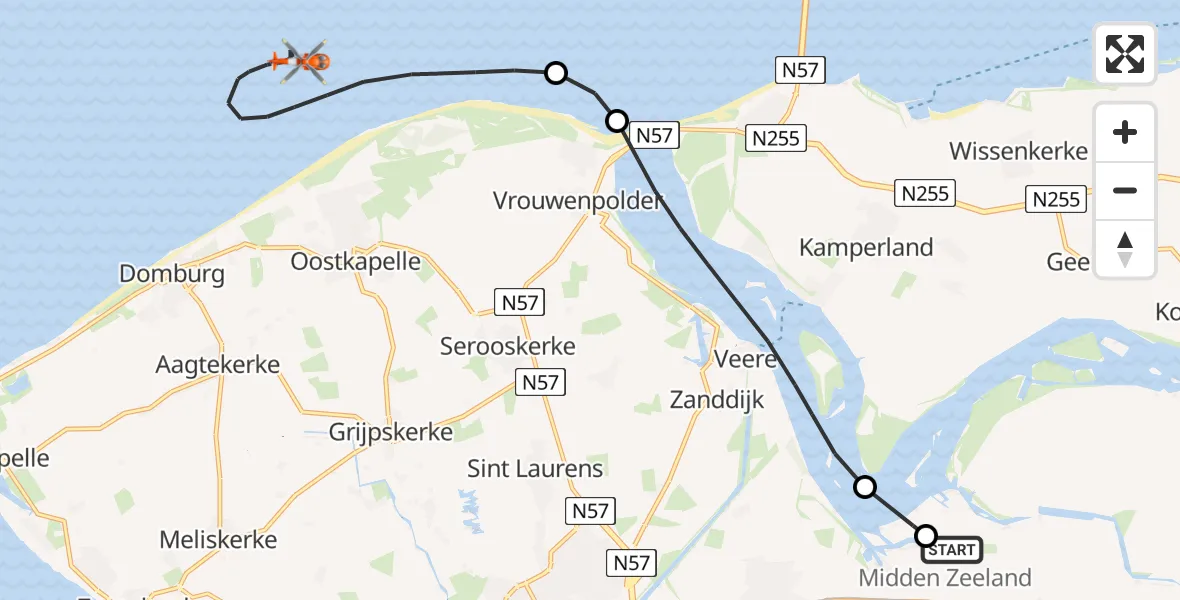 Vluchtroute Kustwachthelikopter Vliegveld Midden-Zeeland - Noordzee, 29 juli 2026, 17:59