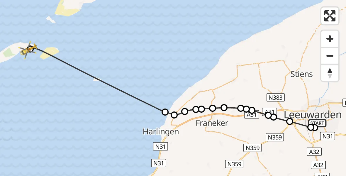 Vluchtroute Ambulancehelikopter Leeuwarden Medical Center Heliport - Vlieland Heliport, 29 juli 2026, 18:05