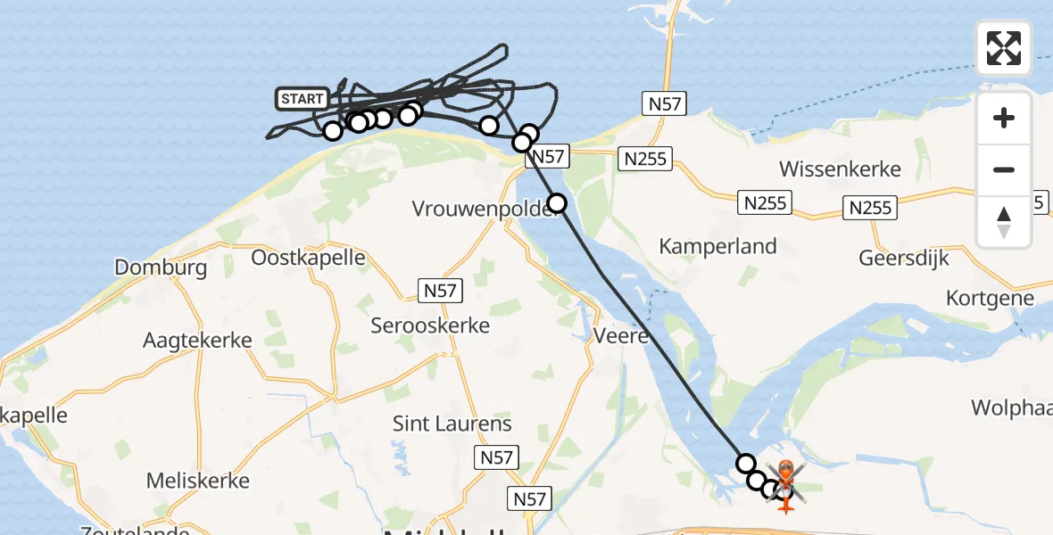Vluchtroute Kustwachthelikopter Noordzee - Vliegveld Midden-Zeeland, 29 juli 2026, 18:11