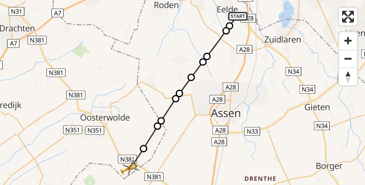 Vluchtroute Traumahelikopter Groningen Airport Eelde - Appelscha, 29 juli 2026, 19:11