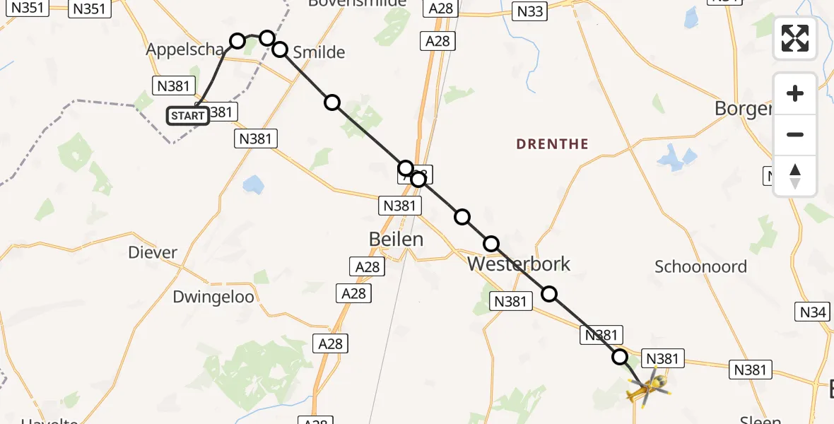 Vluchtroute Traumahelikopter Appelscha - Aalden, 29 juli 2026, 19:45