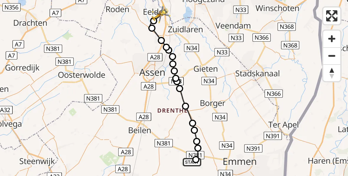 Vluchtroute Traumahelikopter Aalden - Groningen Airport Eelde, 29 juli 2026, 20:13