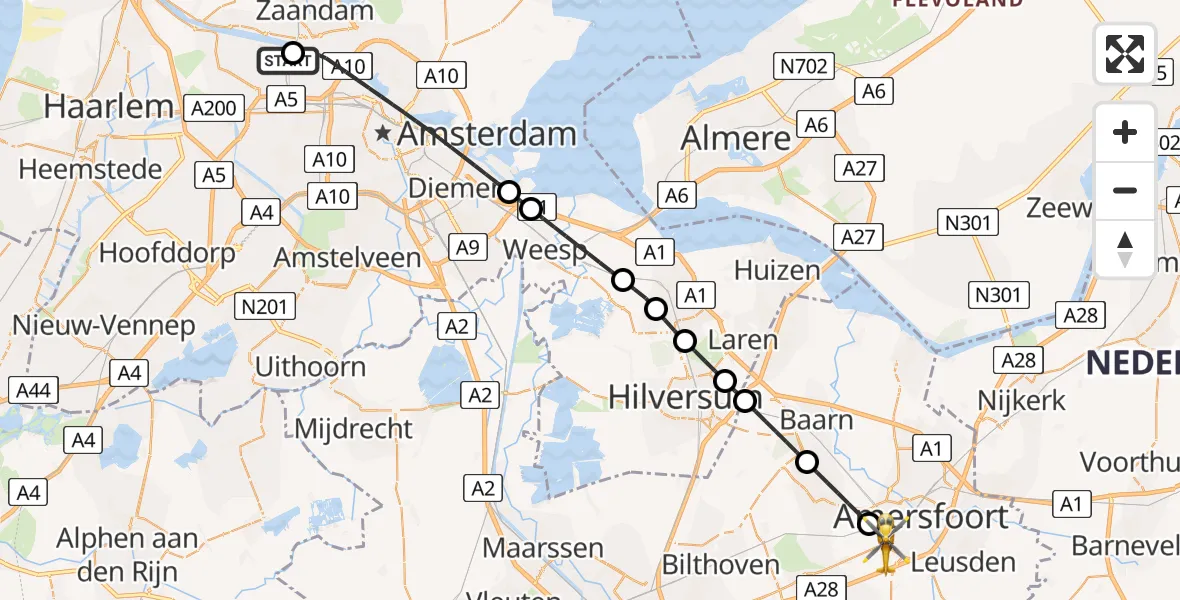 Vluchtroute Traumahelikopter Amsterdam Heliport - Amersfoort, 29 juli 2026, 23:04