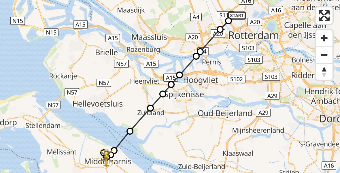 Vluchtroute Traumahelikopter Rotterdam The Hague Airport - Middelharnis, 29 juli 2026, 23:55