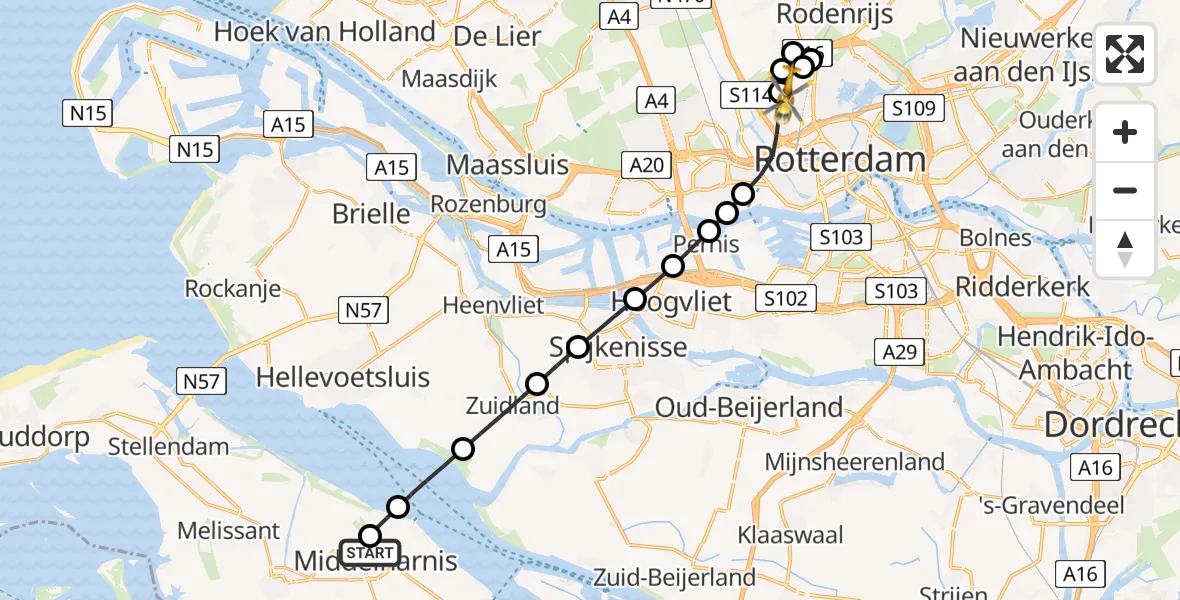 Vluchtroute Traumahelikopter Middelharnis - Rotterdam The Hague Airport, 30 juli 2026, 00:29