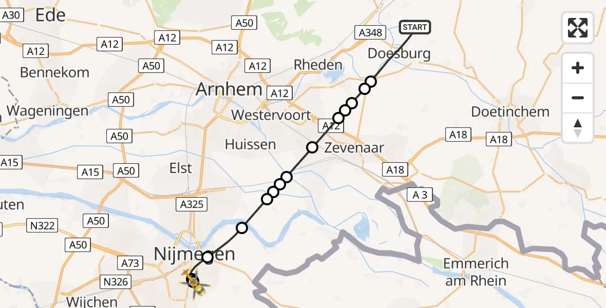 Vluchtroute Traumahelikopter Doesburg - Radboud University Medical Center Heliport, 30 juli 2026, 01:37