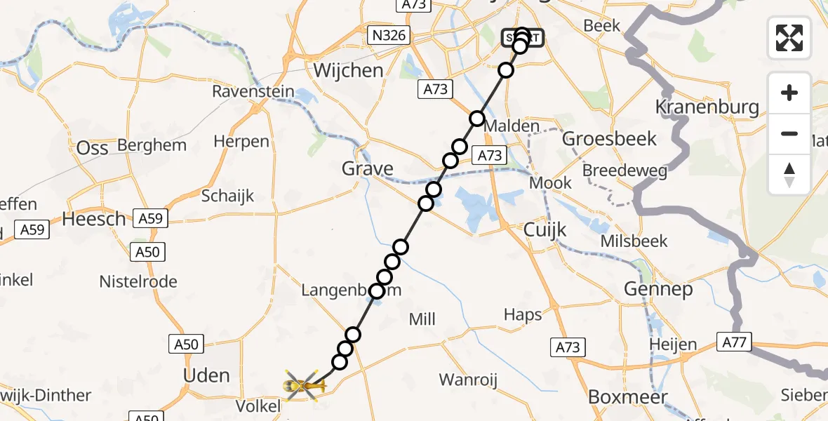 Vluchtroute Traumahelikopter Radboud Universitair Medisch Centrum - Vliegbasis Volkel, 30 juli 2026, 02:19