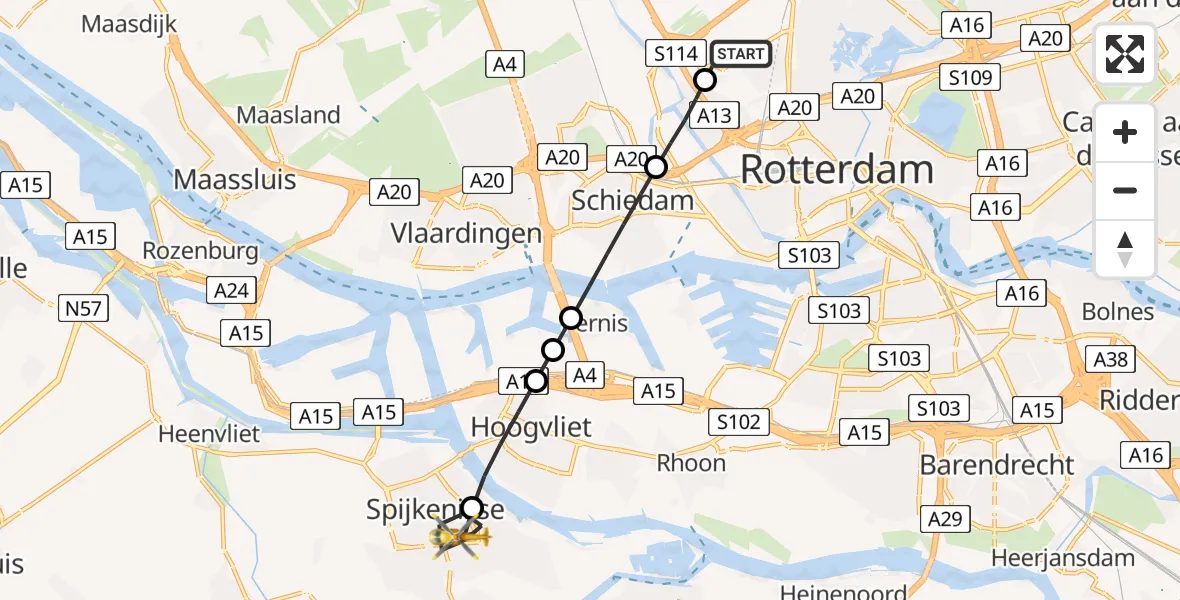 Vluchtroute Traumahelikopter Rotterdam The Hague Airport - Spijkenisse, 30 juli 2026, 04:13