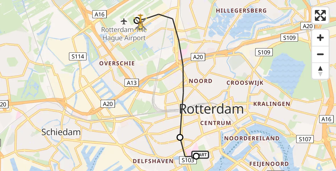 Vluchtroute Traumahelikopter Leids Universitair Medisch Centrum (LUMC) - Rotterdam The Hague Airport, 30 juli 2026, 05:24