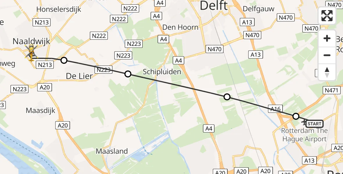 Vluchtroute Traumahelikopter Rotterdam The Hague Airport - Naaldwijk, 30 juli 2026, 07:10