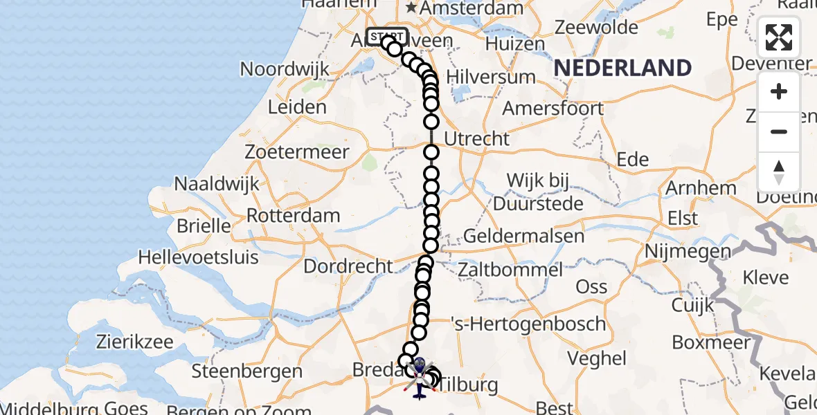 Vluchtroute Politiehelikopter Amsterdam Vliegveld Schiphol - Vliegbasis Gilze Rijen, 30 juli 2026, 07:24