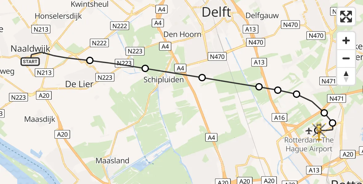 Vluchtroute Traumahelikopter Naaldwijk - Rotterdam The Hague Airport, 30 juli 2026, 07:34