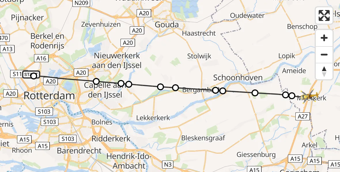 Vluchtroute Traumahelikopter Rotterdam The Hague Airport - Meerkerk, 30 juli 2026, 07:44