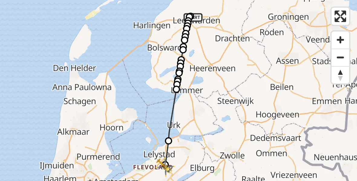 Vluchtroute Ambulancehelikopter Vliegbasis Leeuwarden - Lelystad Airport, 30 juli 2026, 09:01
